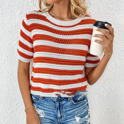 Hooded Striped Fashionable Short Sleeved Patchwork Women's Knitted Sweater